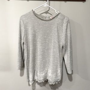 Gray, three quarter length sweater. Lace bottom and beaded neckline